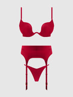 BRIGETA SATIN DEEP PLUNGE PUSH UP BRA, GARTER & THONG SET