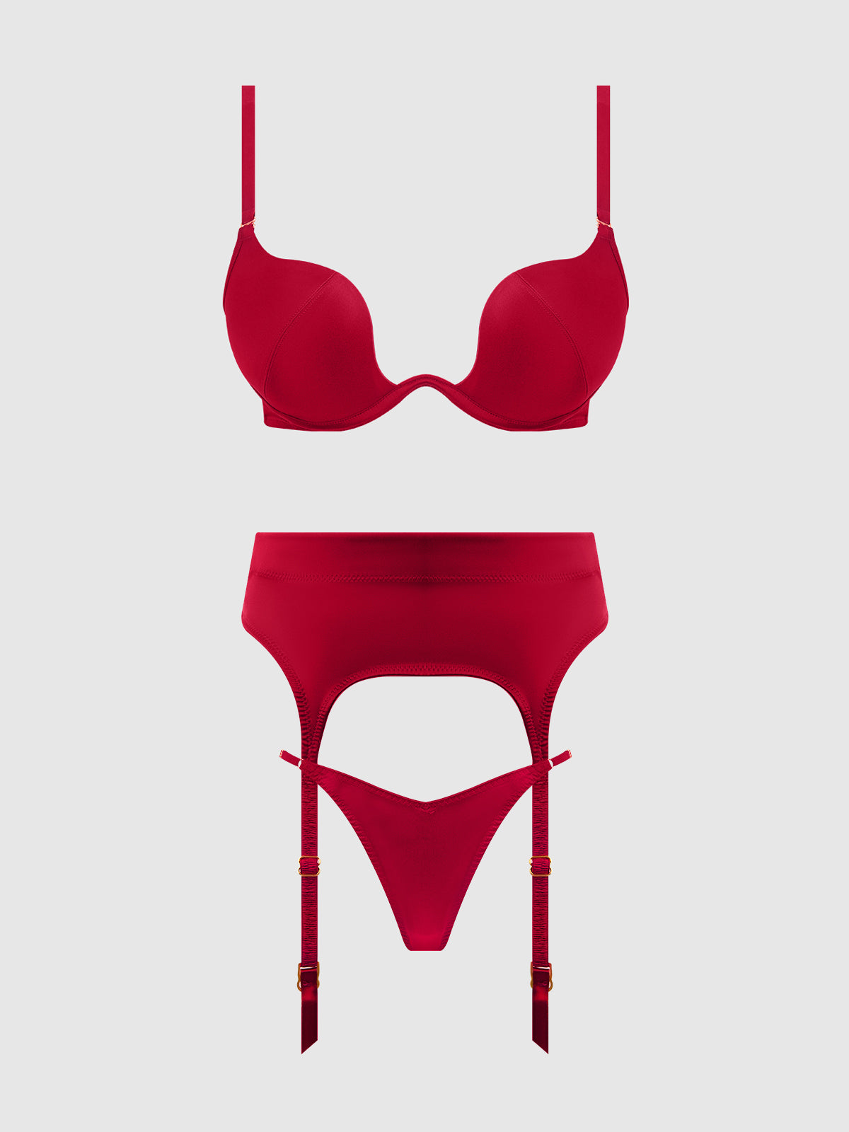 BRIGETA SATIN DEEP PLUNGE PUSH UP BRA, GARTER & THONG SET