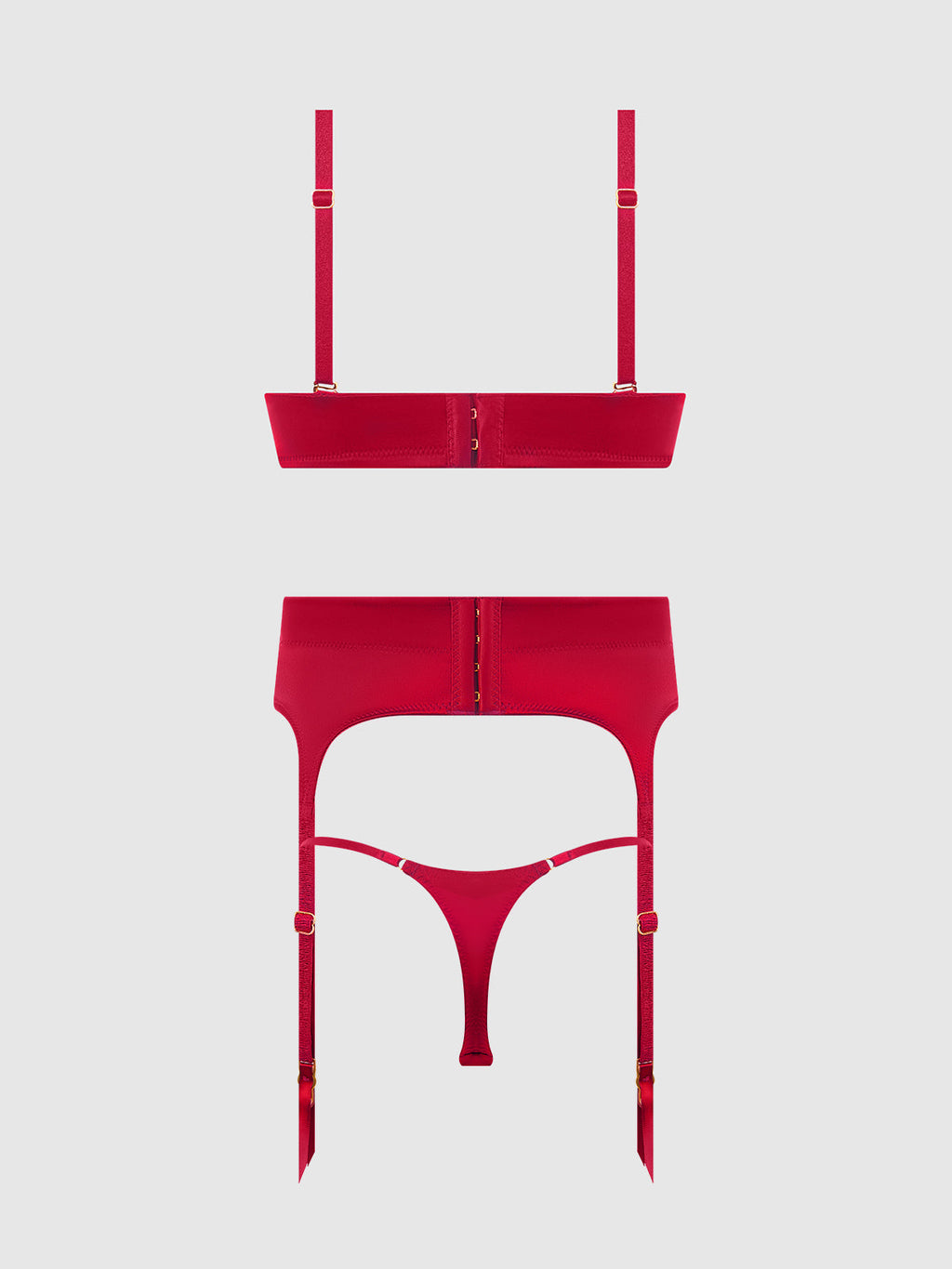 BRIGETA SATIN DEEP PLUNGE PUSH UP BRA, GARTER & THONG SET