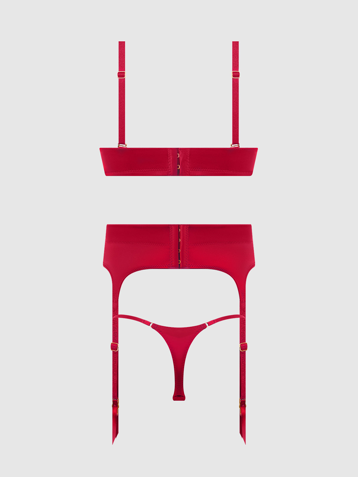 BRIGETA SATIN DEEP PLUNGE PUSH UP BRA, GARTER & THONG SET