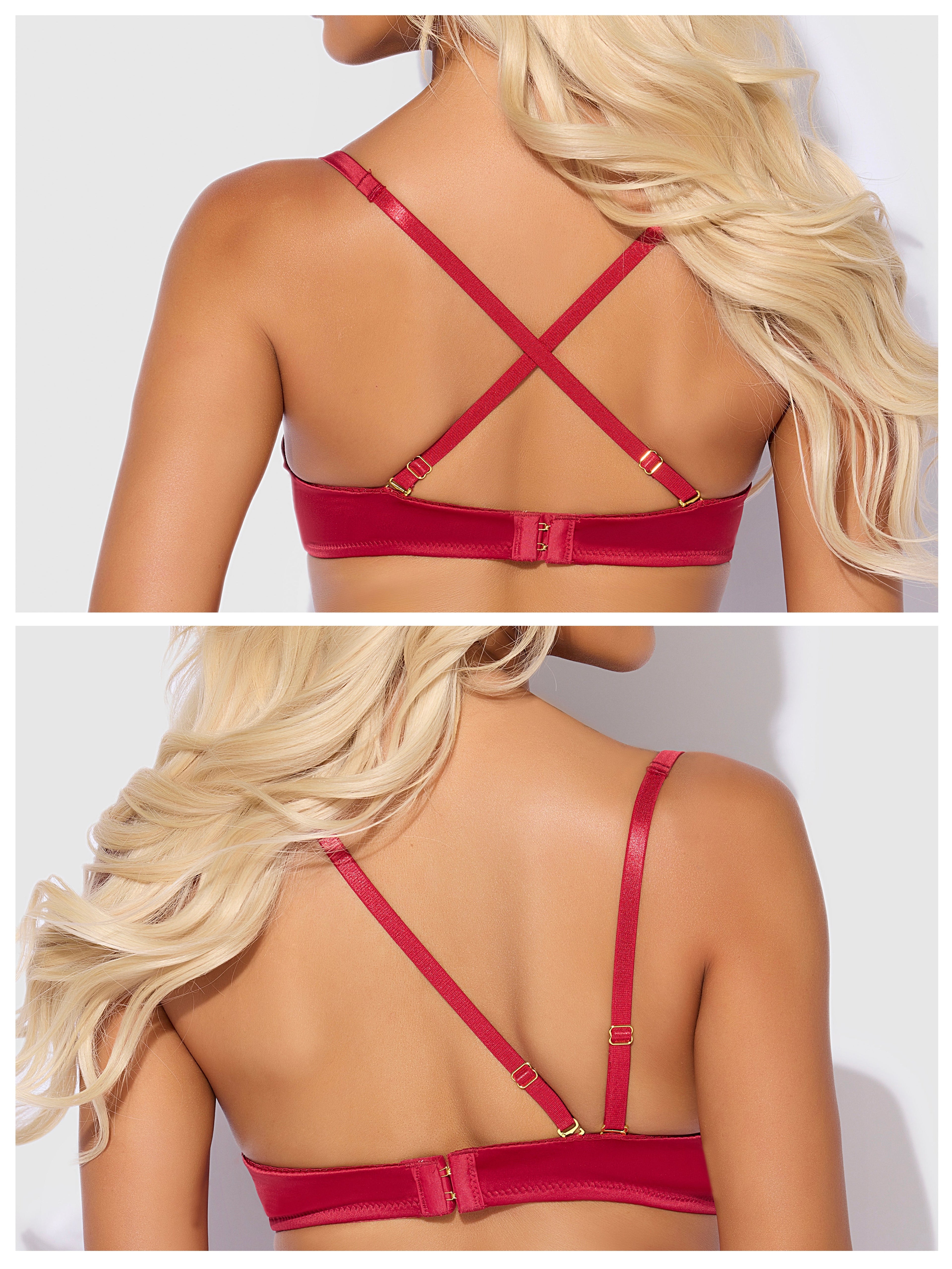 BRIGETA SATIN DEEP PLUNGE PUSH UP BRA, GARTER & THONG SET