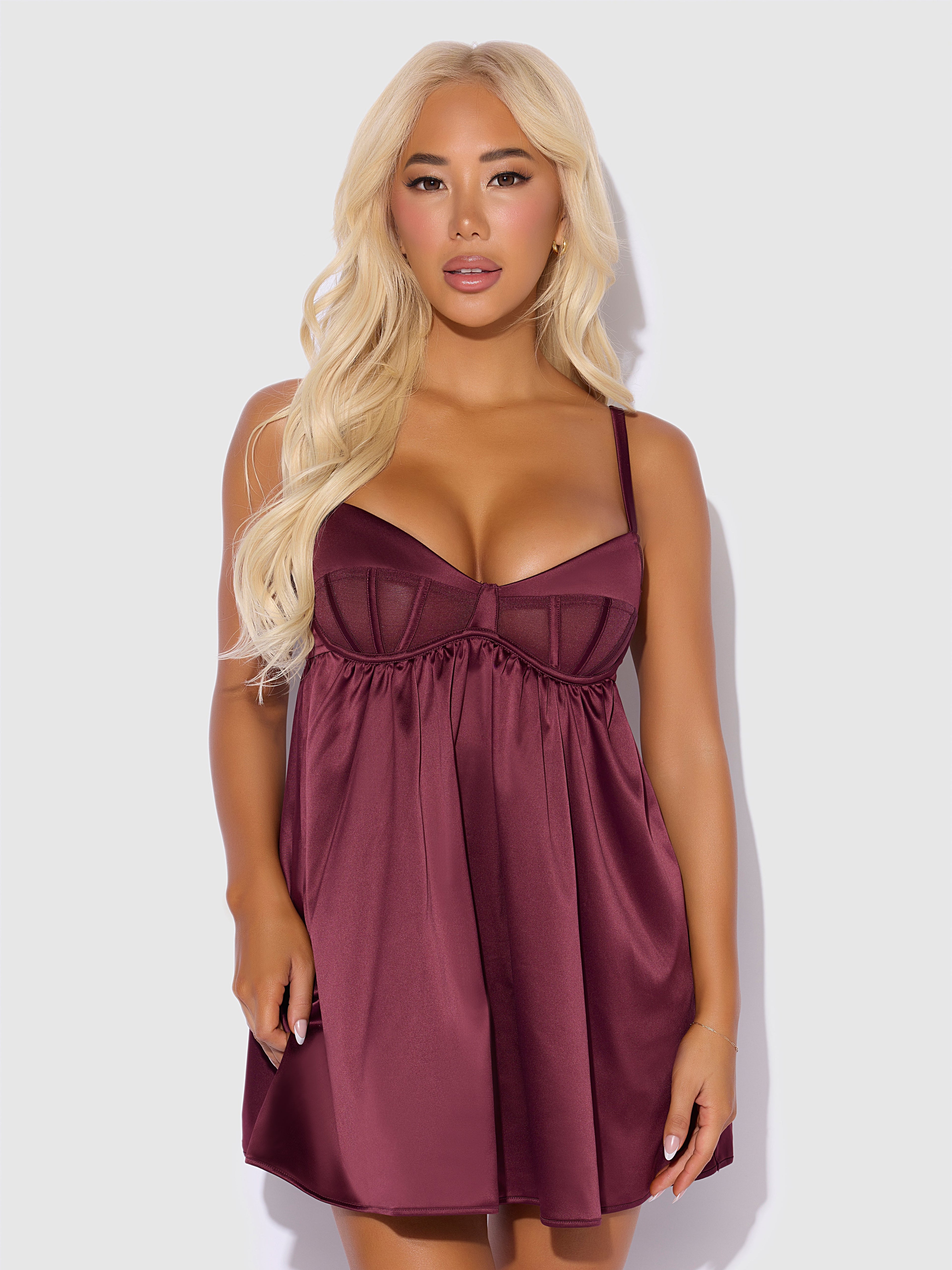 Brigeta Satin & Mesh Corsetted Babydoll Set Burgundy