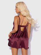 Brigeta Satin & Mesh Corsetted Babydoll Set Burgundy