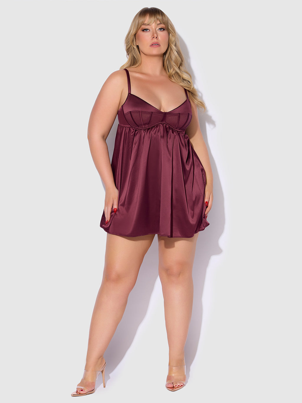 Brigeta Satin & Mesh Corsetted Babydoll Set Burgundy