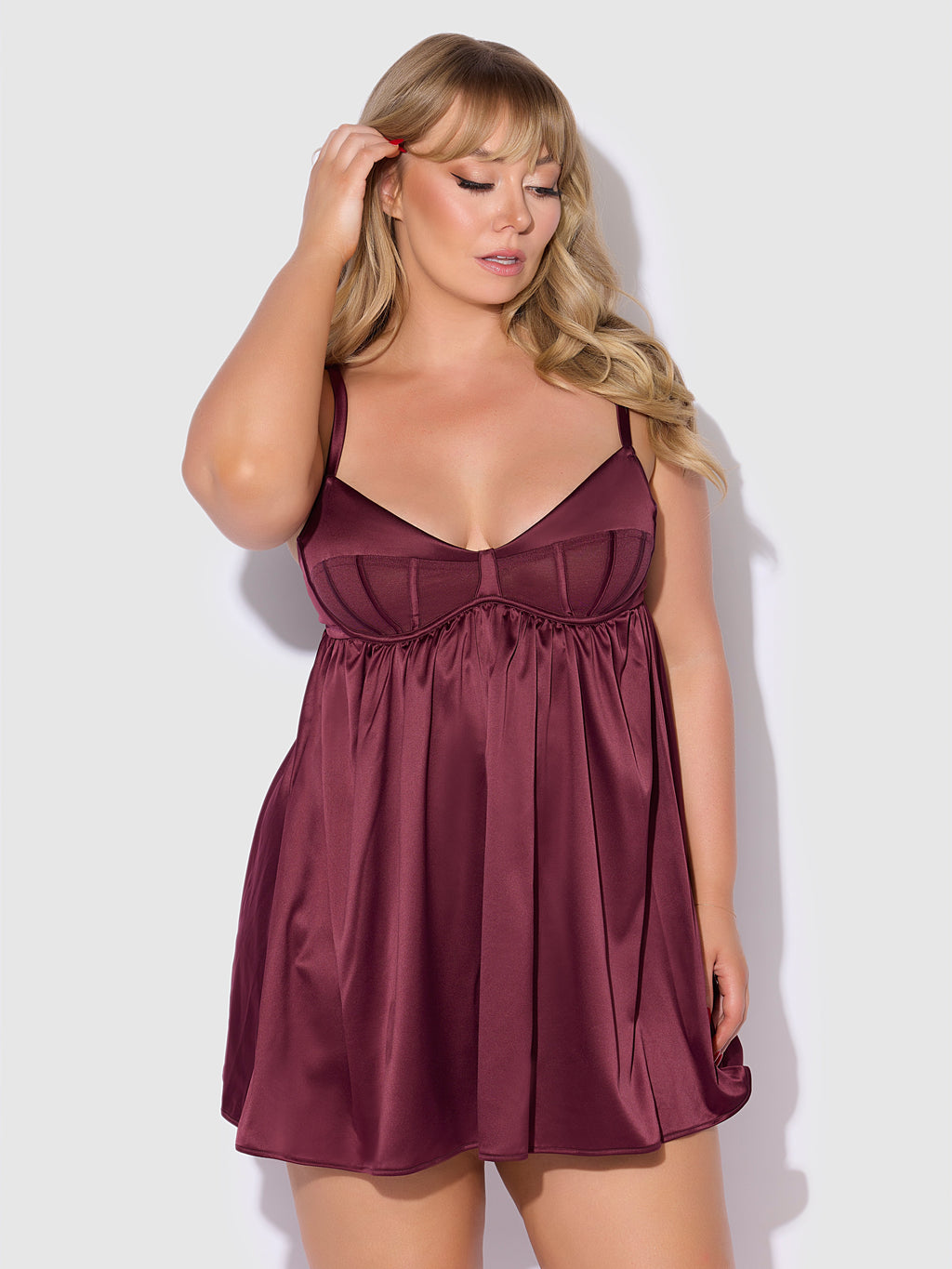Brigeta Satin & Mesh Corsetted Babydoll Set Burgundy