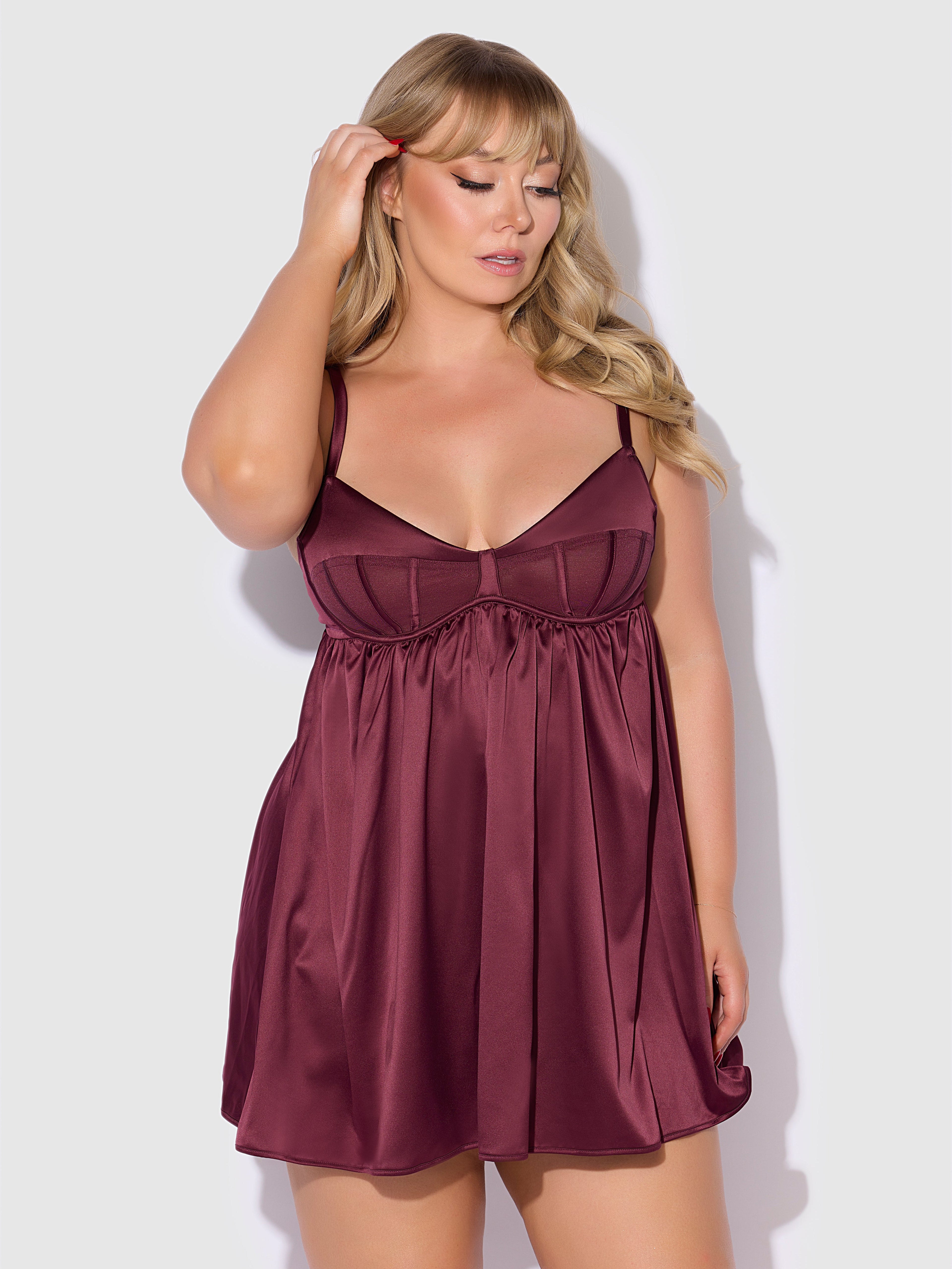 Brigeta Satin & Mesh Corsetted Babydoll Set Burgundy
