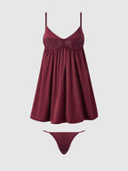 Brigeta Satin & Mesh Corsetted Babydoll Set Burgundy