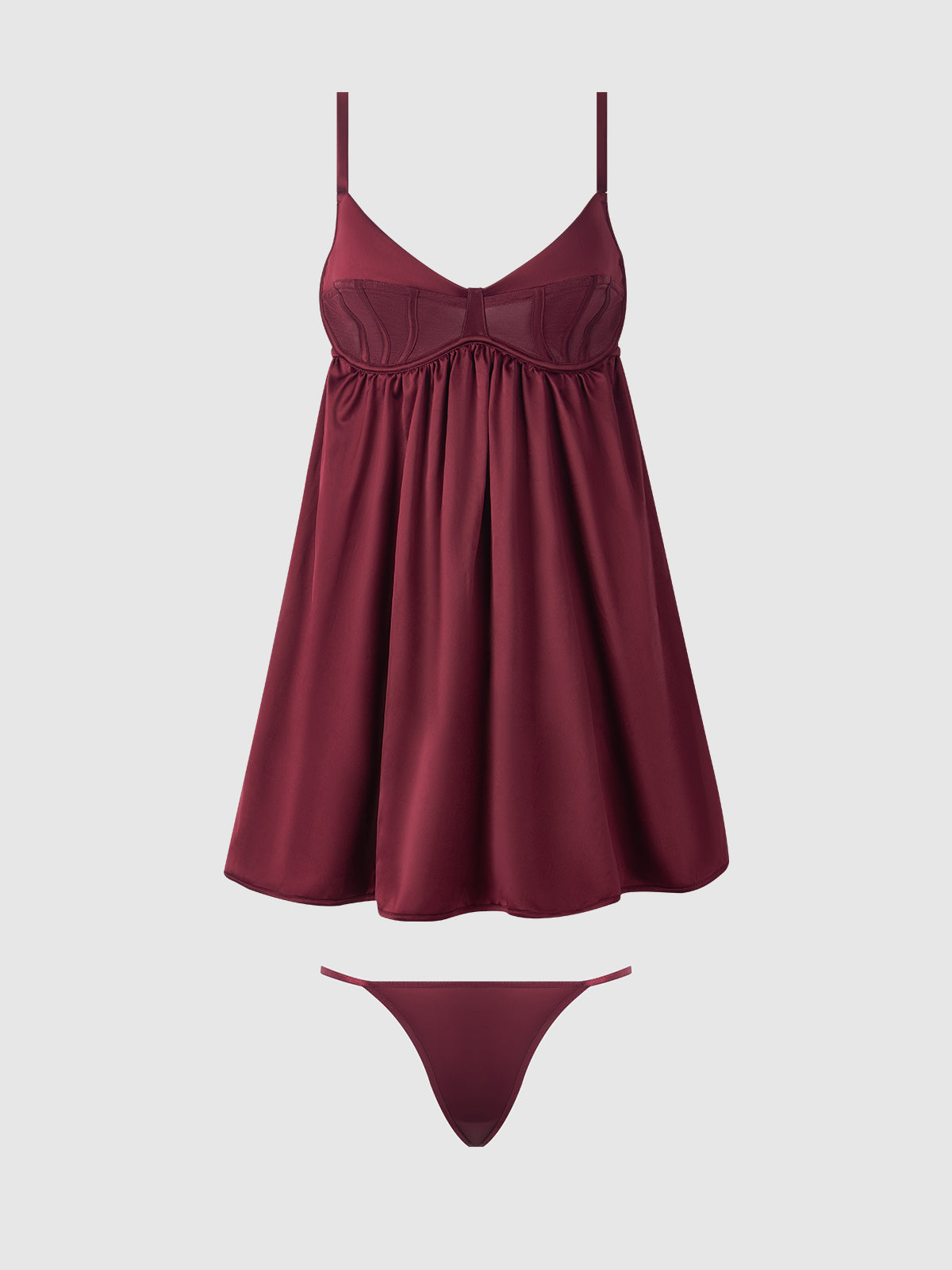 Brigeta Satin & Mesh Corsetted Babydoll Set Burgundy