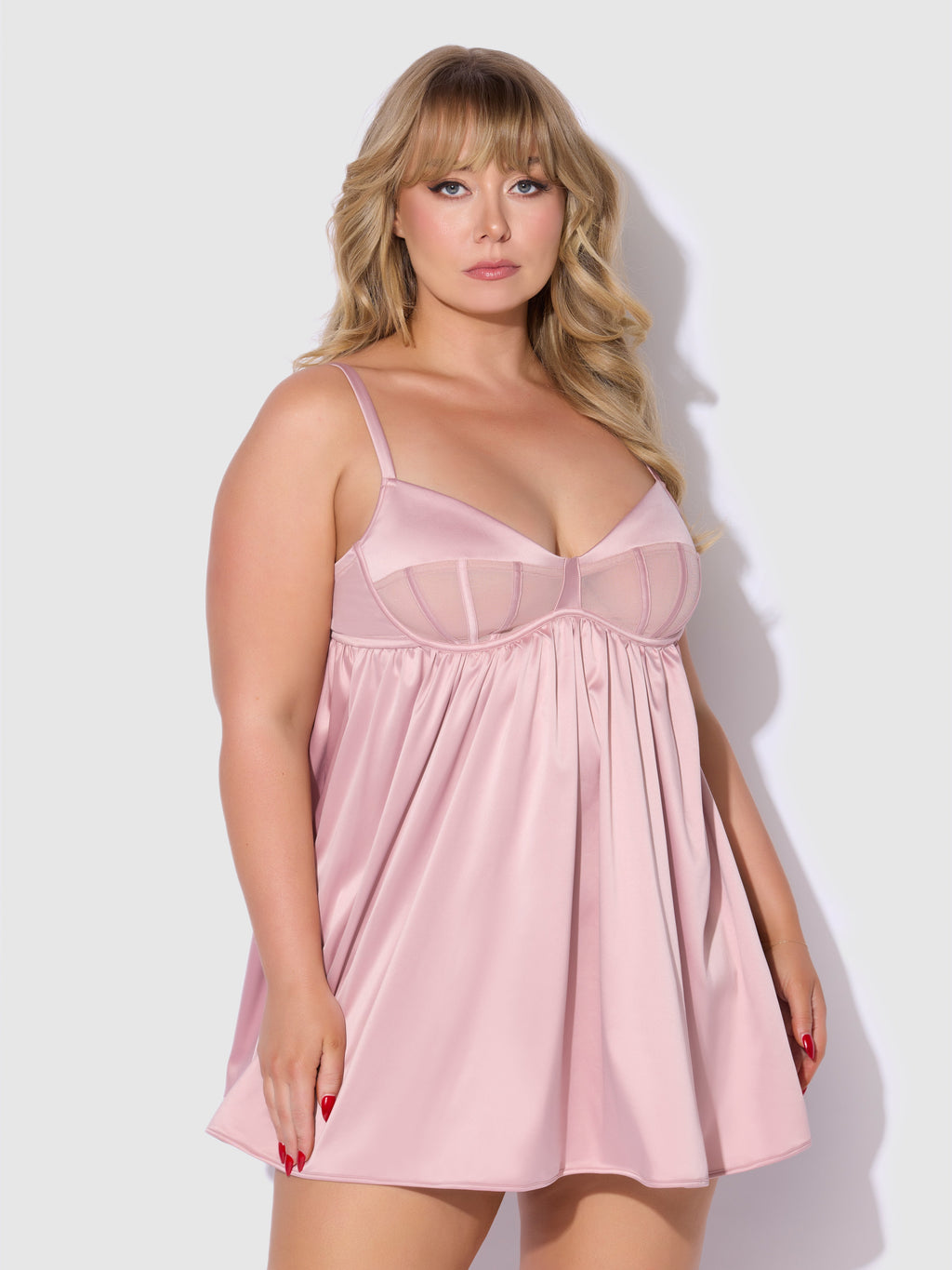 Brigeta Satin & Mesh Corsetted Babydoll Set Mauve