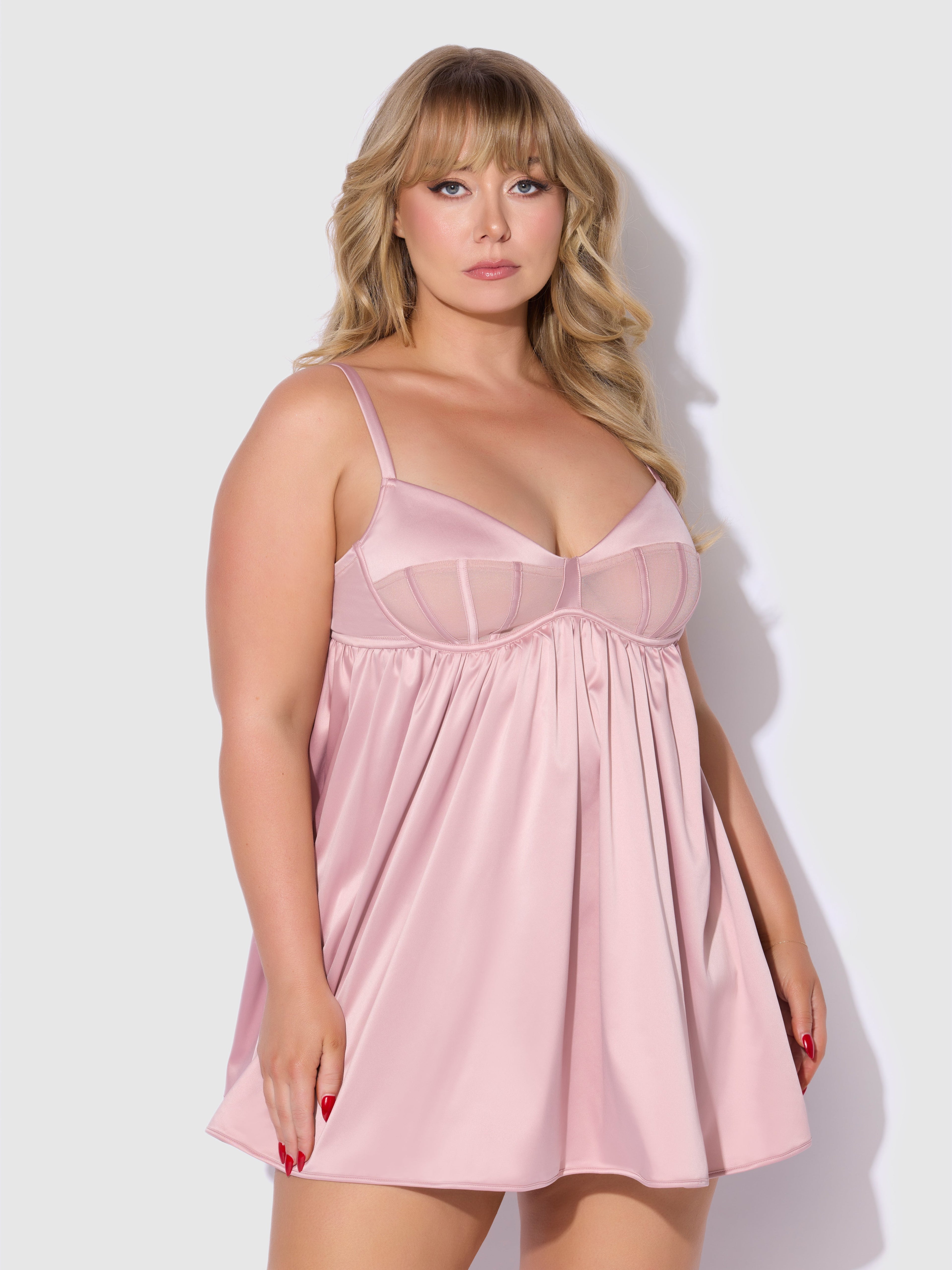 Brigeta Satin & Mesh Corsetted Babydoll Set Mauve
