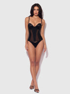 Juliet Satin & Mesh Plunge Underwire Corset Black