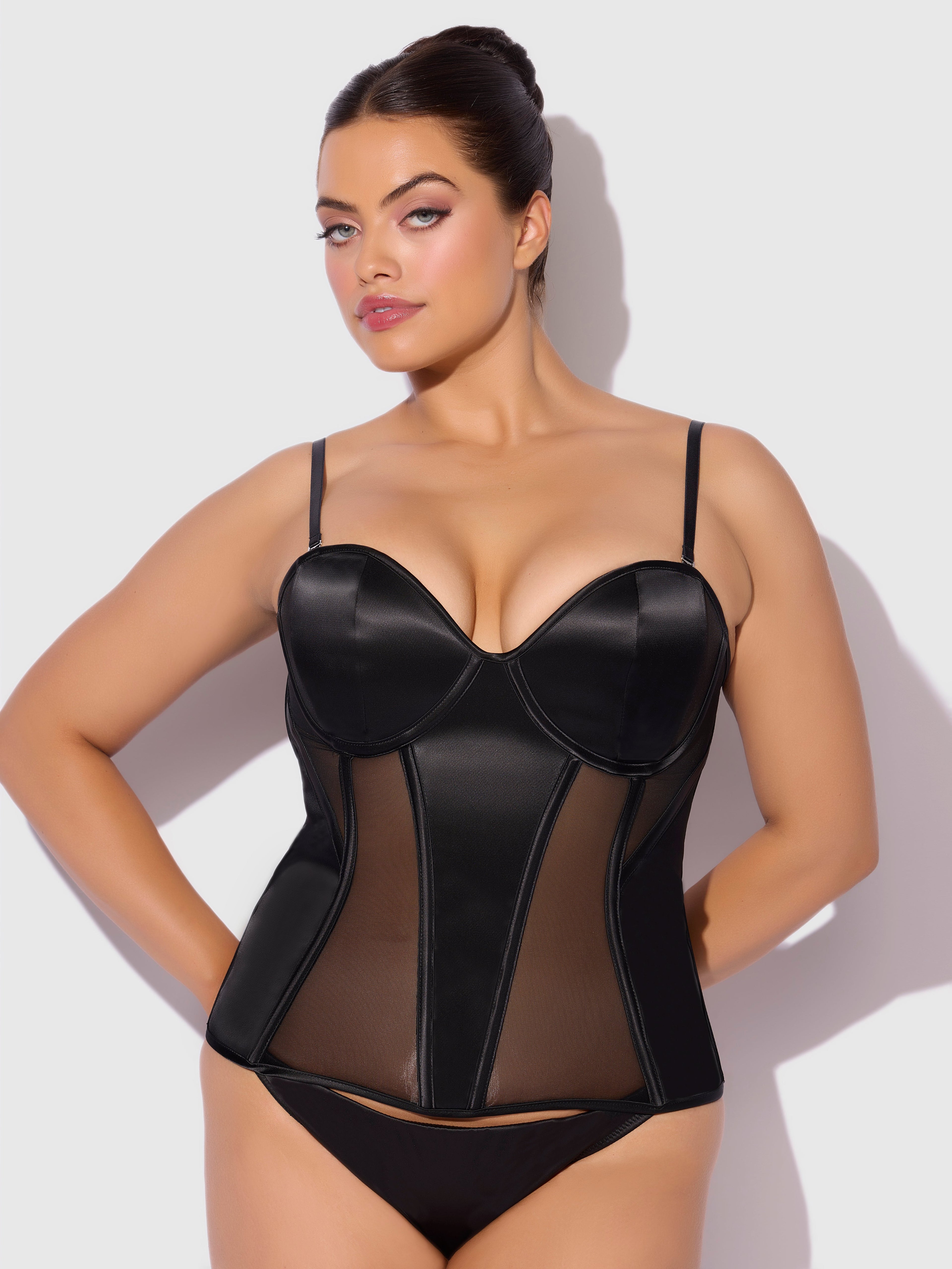 Juliet Satin & Mesh Plunge Underwire Corset Black