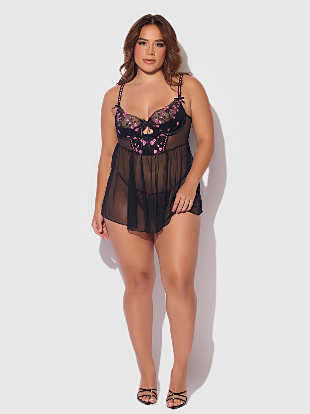 Bellvian™ Mia Embroidered Mesh Drop Waist Babydoll & G-string Set