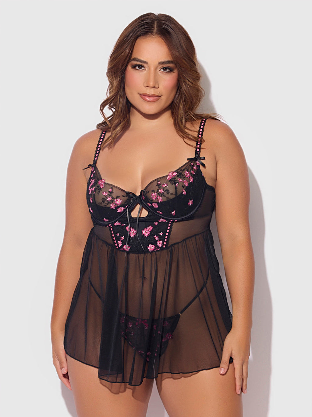 Bellvian™ Mia Embroidered Mesh Drop Waist Babydoll & G-string Set