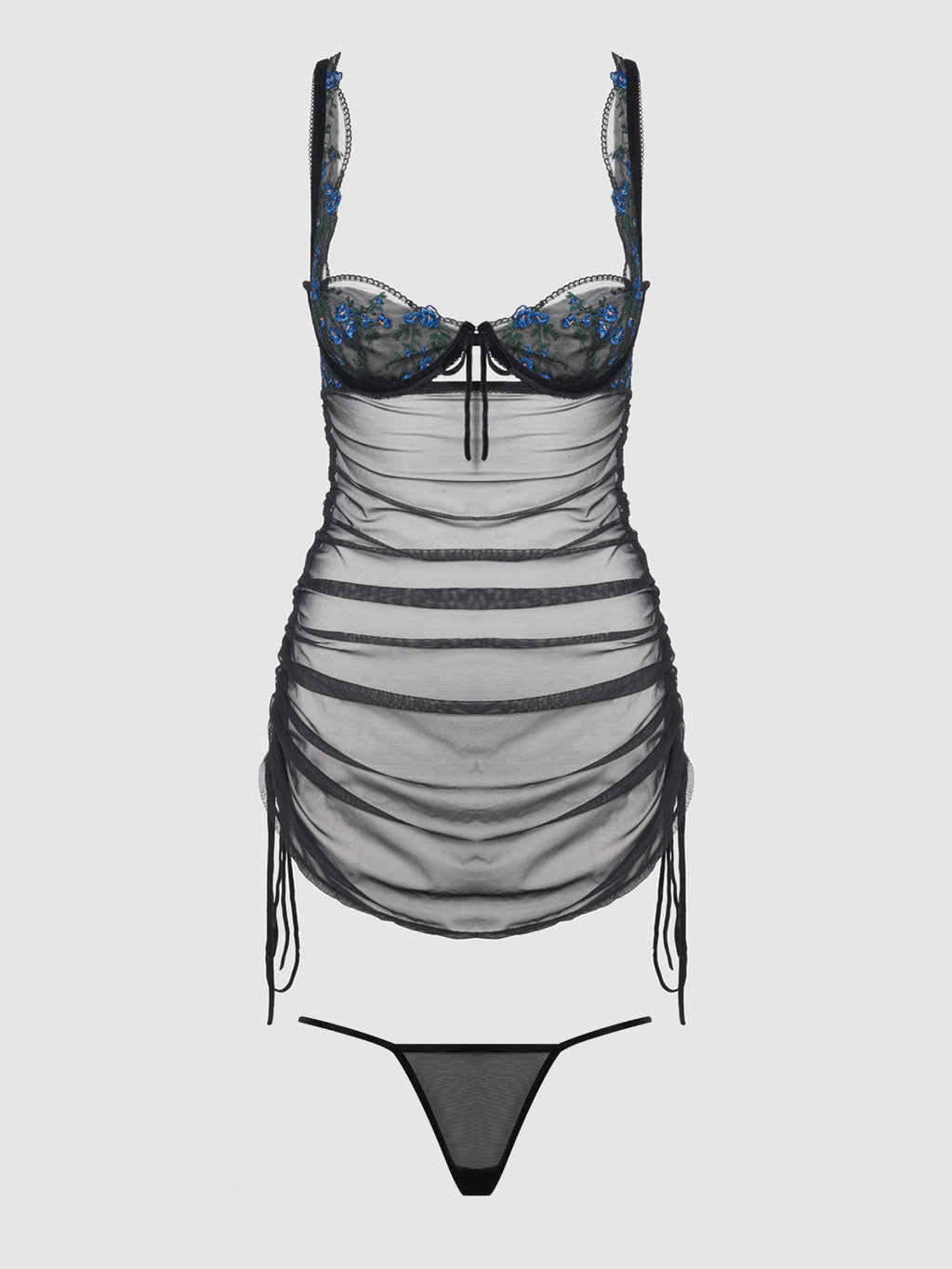 Bellvian™ Mia Embroidered Mesh Side Cinch Chemise & G-string Set