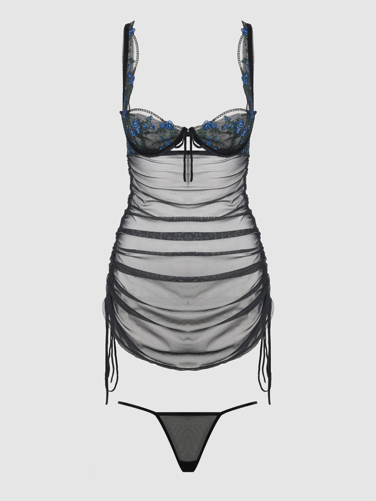 Bellvian™ Mia Embroidered Mesh Side Cinch Chemise & G-string Set