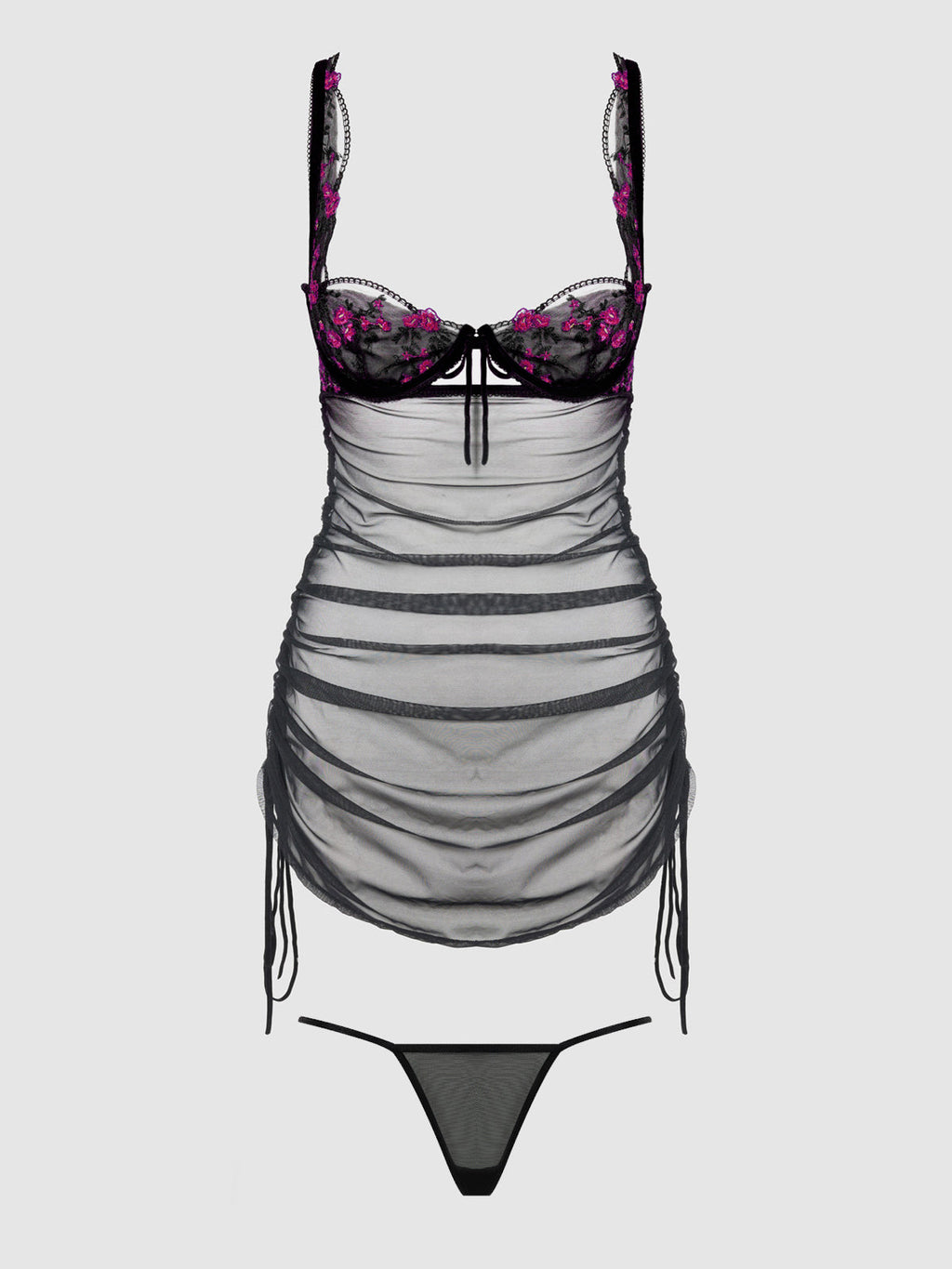 Bellvian™ Mia Embroidered Mesh Side Cinch Chemise & G-string Set