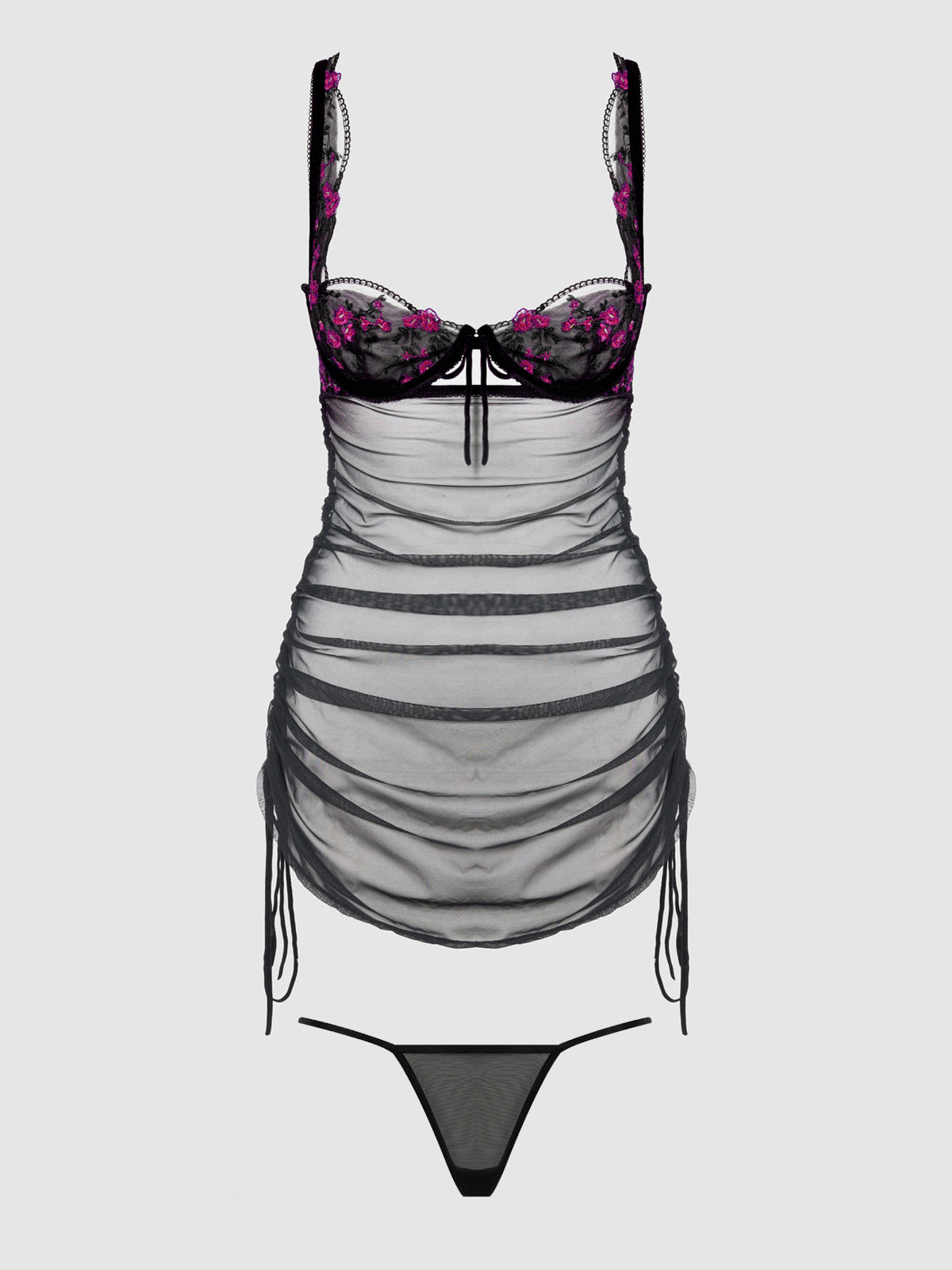 Bellvian™ Mia Embroidered Mesh Side Cinch Chemise & G-string Set