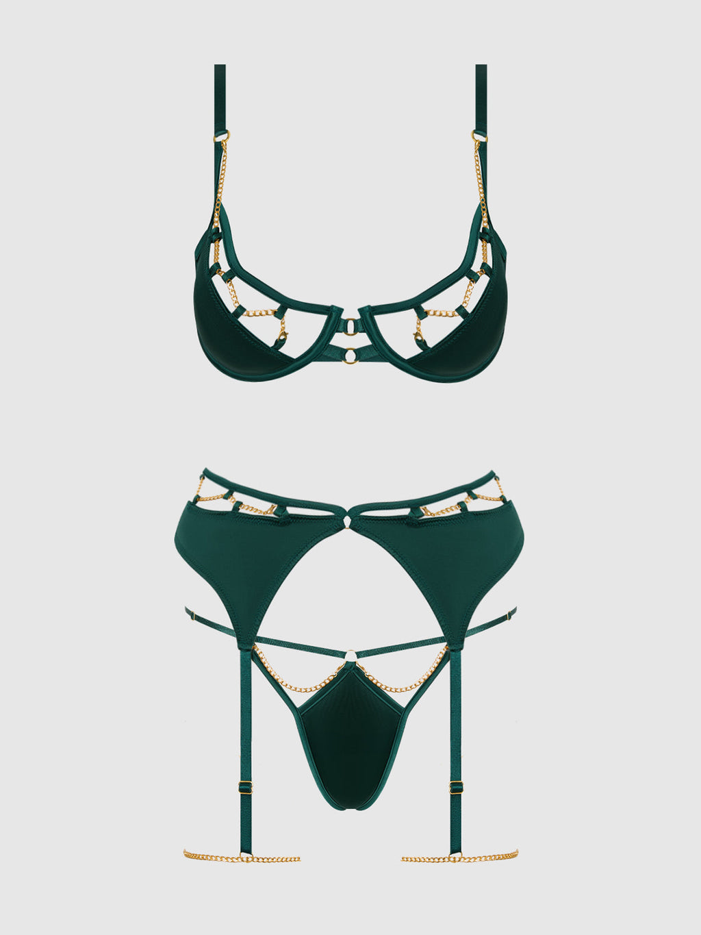 Bellvian™ Evangeline Satin & Chain Push Up Bra Set Emerald