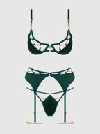 Bellvian™ Evangeline Satin & Chain Push Up Bra Set Emerald
