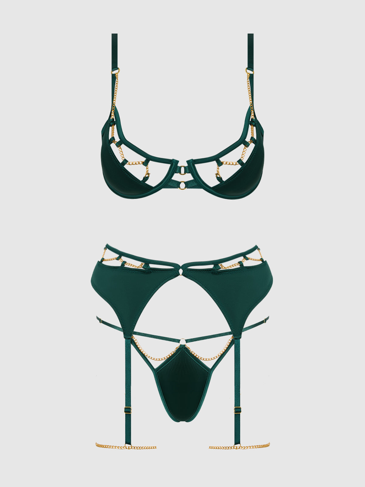 Bellvian™ Evangeline Satin & Chain Push Up Bra Set Emerald
