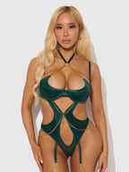 Bellvian™ Evangeline Satin & Chain Halter Teddy Emerald