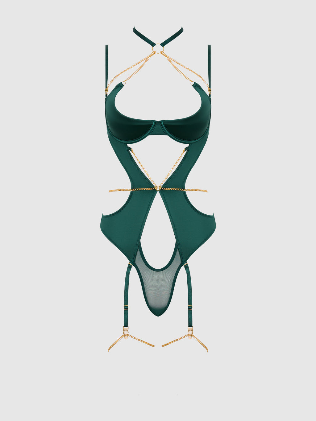 Bellvian™ Evangeline Satin & Chain Halter Teddy Emerald