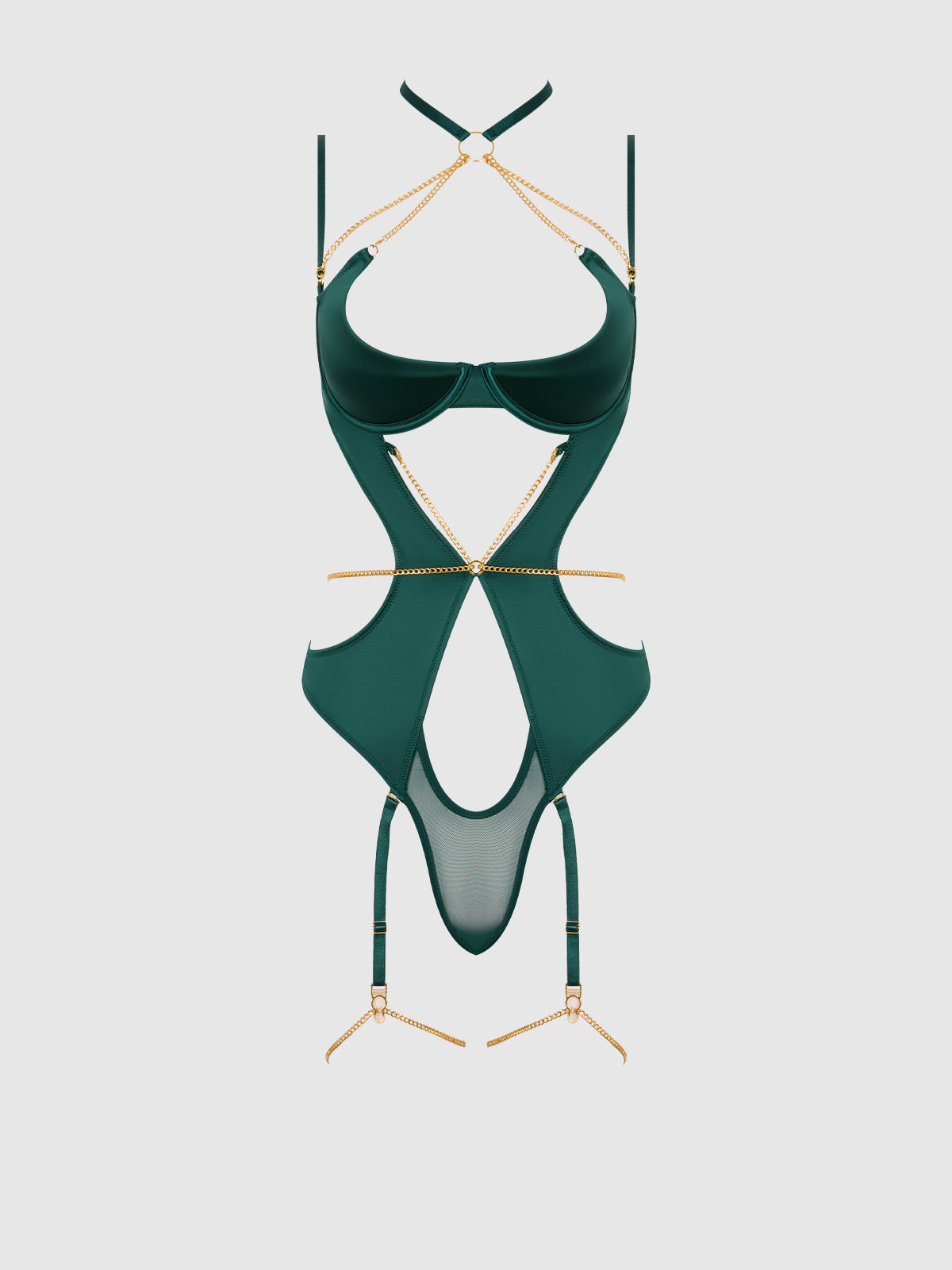 Bellvian™ Evangeline Satin & Chain Halter Teddy Emerald