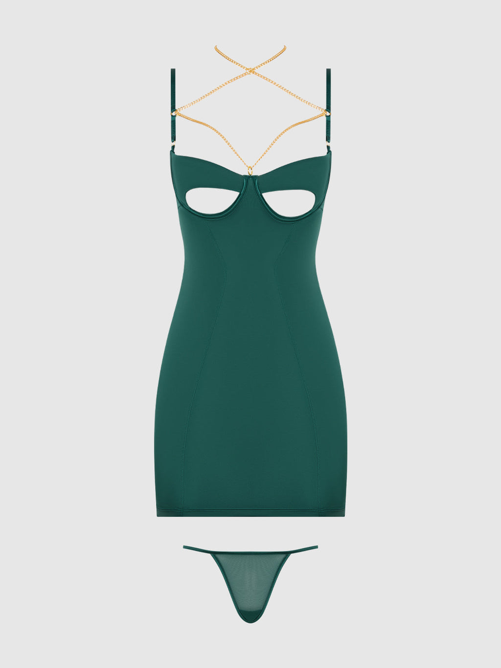 Bellvian™ Evangeline Satin & Chain Open Cup & Back Chemise Set Emerald