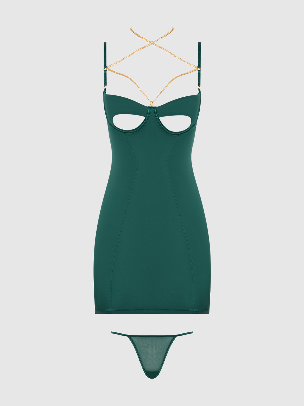 Bellvian™ Evangeline Satin & Chain Open Cup & Back Chemise Set Emerald