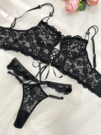 Black Pearls Small Flower Lace Lingerie Set