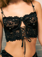 Black Pearls Small Flower Lace Lingerie Set