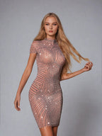 Bellvian™ Misa Short Sleeve Rhinestone Mesh Dress
