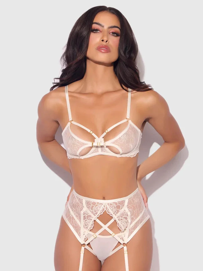 Bellvian™ Rosalie Lace Open-Cup Bra, Garter & G-String Set