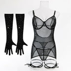 Glamorous Lace-Up Black Mini Dress with Rhinestones