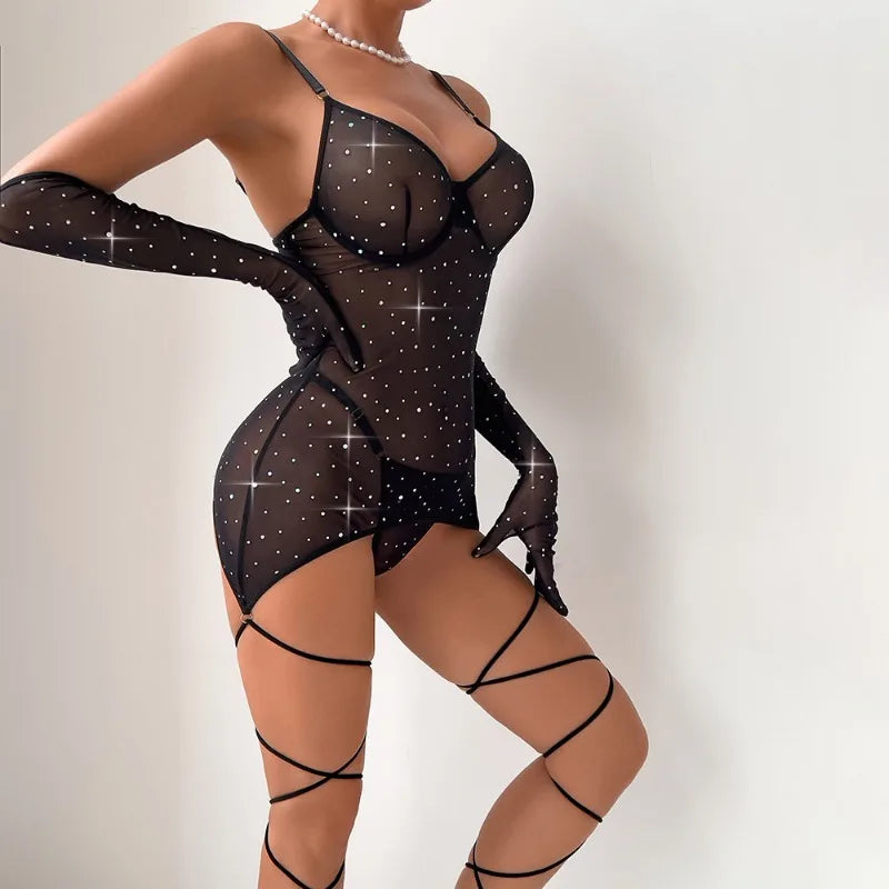 Glamorous Lace-Up Black Mini Dress with Rhinestones