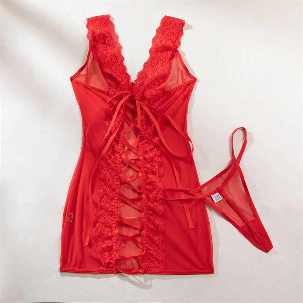 Lace Temptation Sheer Lace-Up Mini Dress