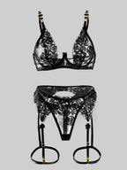 Black Embroidered Sexy Push Up Lingerie Set