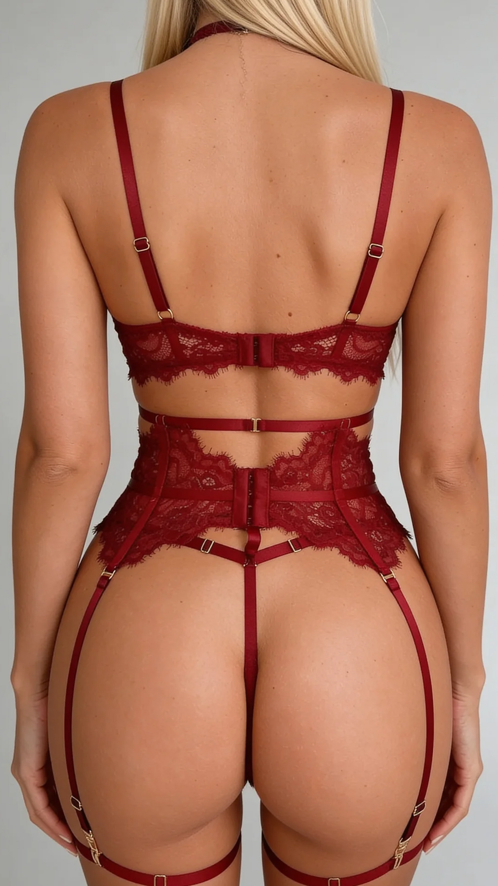 Full rear view of Bellvian™ anniversary lingerie red lace variant, showcasing the clean symmetrical strap lines across the shoulder blades, eye-and-hook fasteners, and matching red thong panty under professional studio setup.