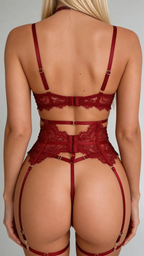 Full rear view of Bellvian™ anniversary lingerie red lace variant, showcasing the clean symmetrical strap lines across the shoulder blades, eye-and-hook fasteners, and matching red thong panty under professional studio setup.