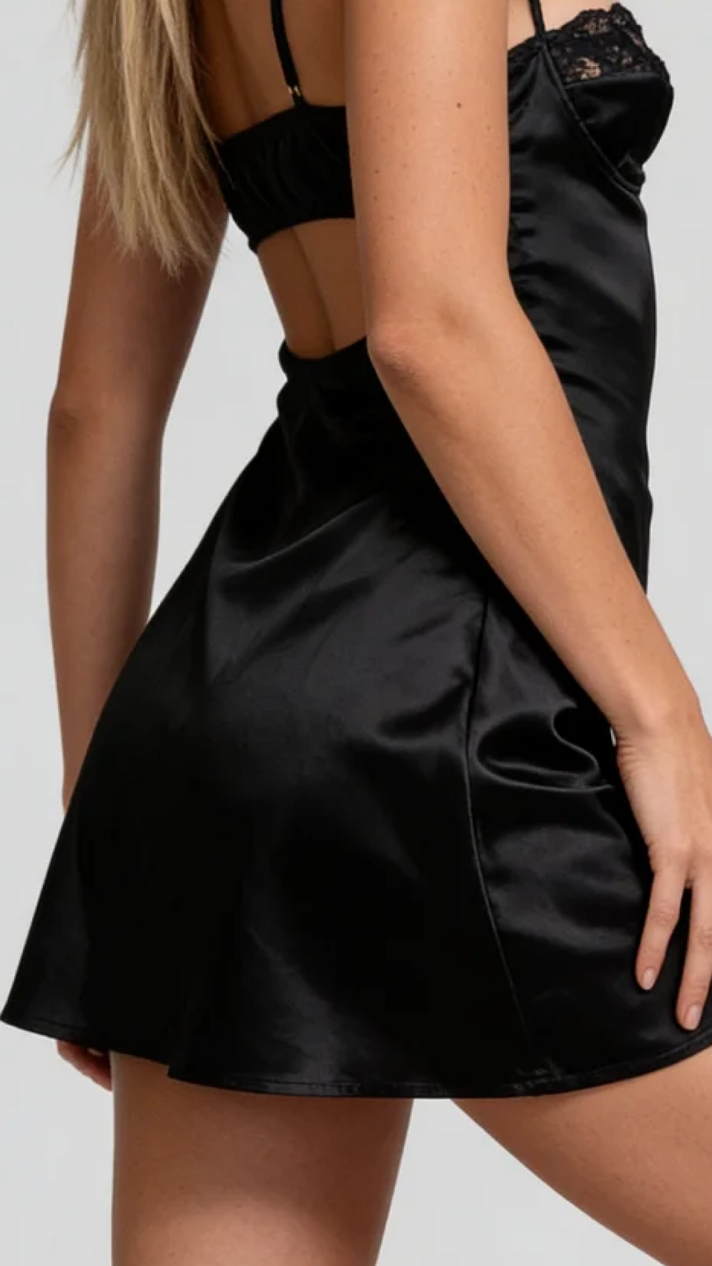 Low backless cut out design on Bellvian black satin mini dress, sensual open back look, premium quality midnight black silk slip dress, hot nightwear gifts for girlfriend.
