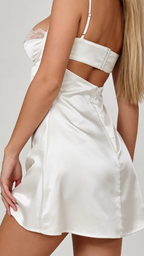 Bellvian low open backless white satin dress with silver metal clasp closure, sexy back cut out slip dress, elegant thin strap nightwear, luxury birthday gift ideas for her.