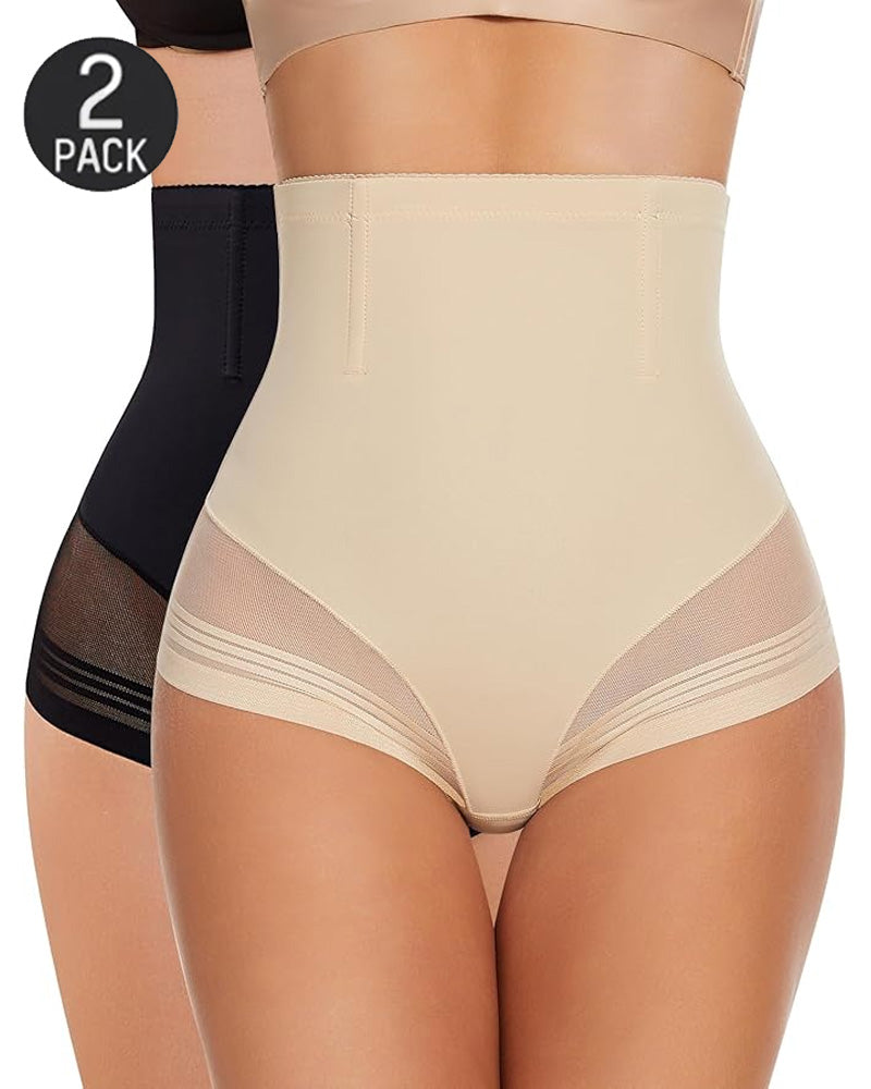 Bellvian beige 2 pack high waist shapewear panty set with tummy flattening compression and seamless contour sculpting support, designed for invisible slimming and smooth body shaping under outfits in the UK