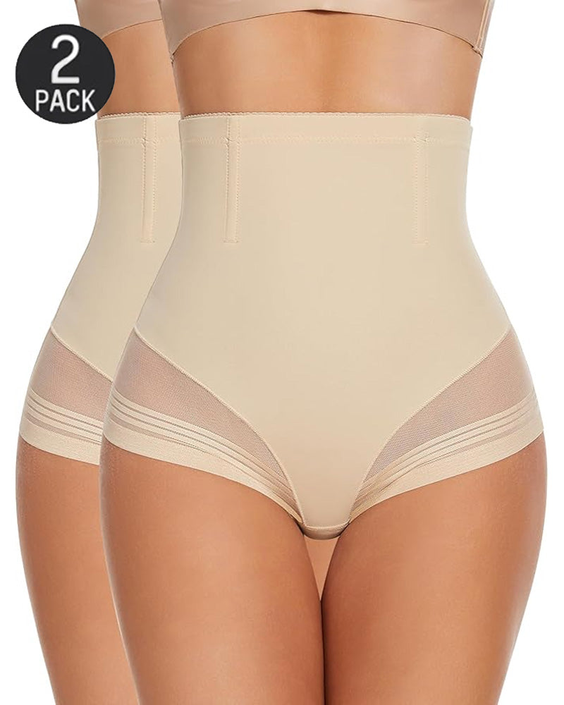 Bellvian beige 2 pack seamless body shaper panty with high waist tummy control compression and smooth contour sculpting support, designed for waist slimming and invisible shaping under dresses in the UK