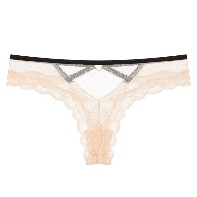 Beige Bellvian lace thong designed with delicate lace accents and elegant cut out details. The sophisticated design provides both comfort and style, making it an excellent option for bridal lingerie, anniversary gifts and premium women's underwear collections.