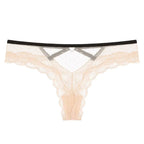 Beige Bellvian lace thong designed with delicate lace accents and elegant cut out details. The sophisticated design provides both comfort and style, making it an excellent option for bridal lingerie, anniversary gifts and premium women's underwear collections.