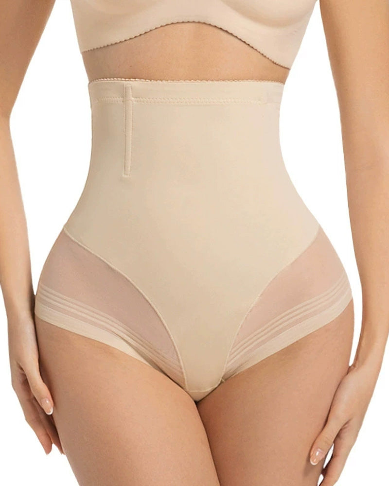 Bellvian beige seamless tummy control panty shaper with high waist slimming compression and invisible contour sculpting support, designed for flat tummy shaping and smooth body enhancement under clothing in the UK