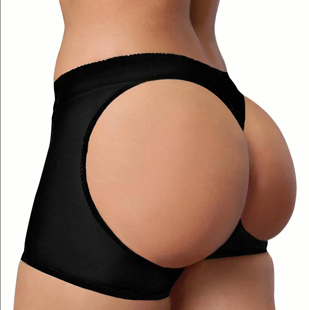 Bellvian black booty lift shaping shorts shown from a side back angle with targeted contouring support and curve enhancing design, premium shapewear crafted to create a smoother waistline and lifted appearance for confident everyday wear in the UK.