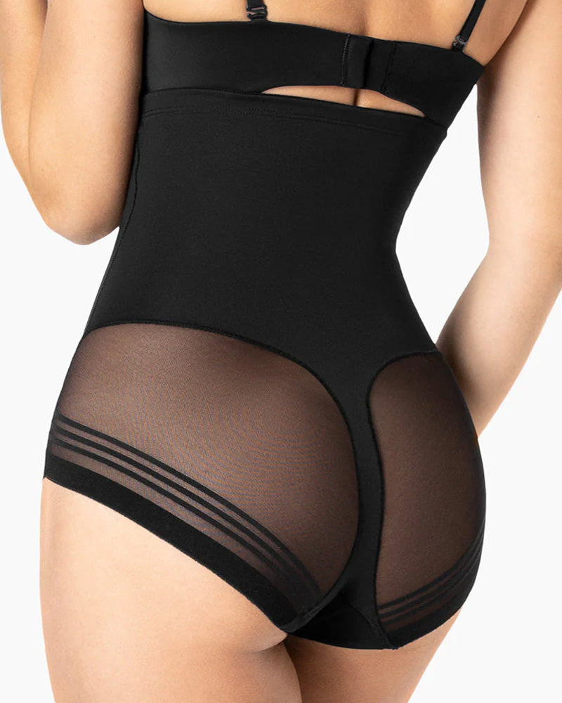Bellvian black butt lifting shapewear panty with high waist tummy compression and sculpting contour support, designed for booty enhancement, waist slimming and seamless smoothing under tight dresses in the UK