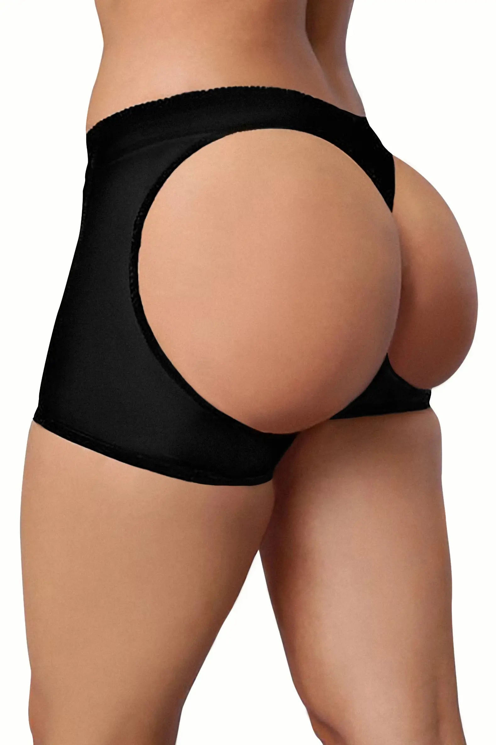 Bellvian black butt lifting shaping shorts back view featuring sculpting support and curve enhancing design, premium body shaper underwear created to smooth the waist, define the silhouette and boost confidence, ideal for everyday shaping, special occasions and seamless styling across the United Kingdom.